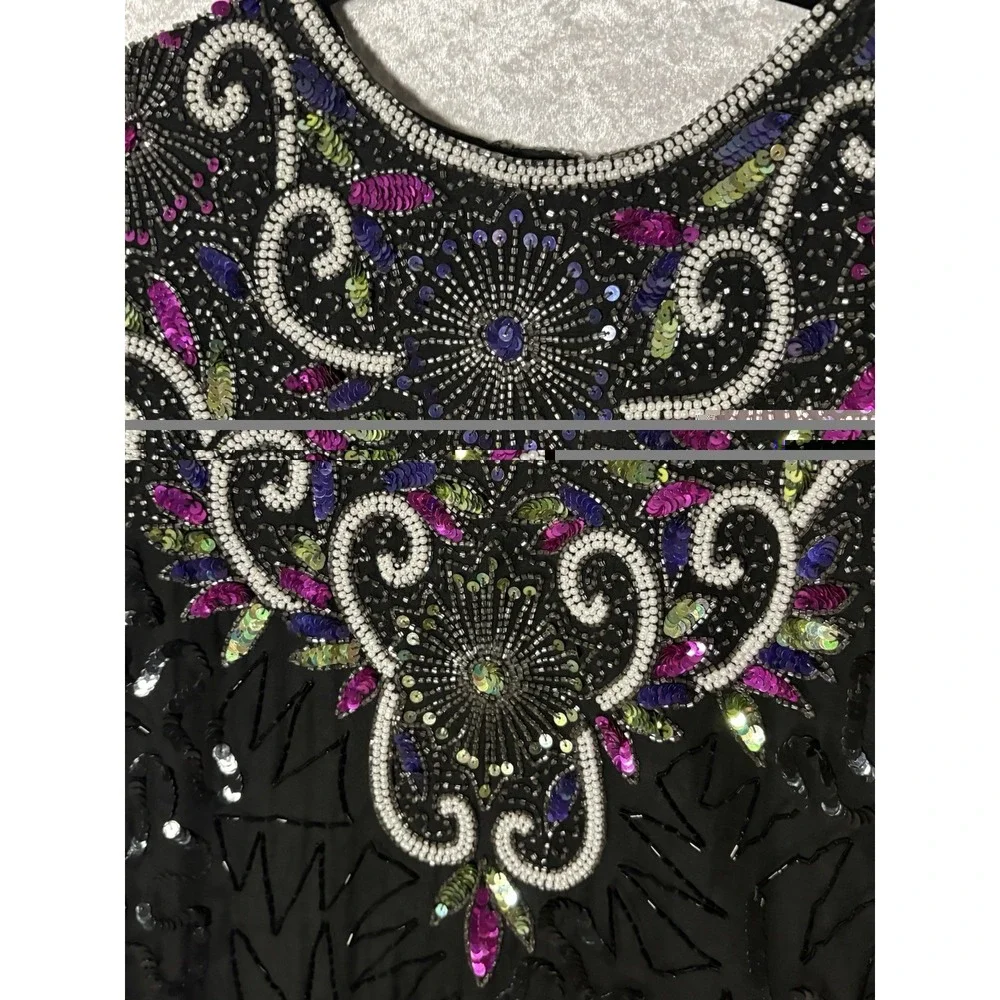 Vintage Laurence Kazar NY‎ Silk Beaded Sequin Cocktail Dress Black Art Deco M